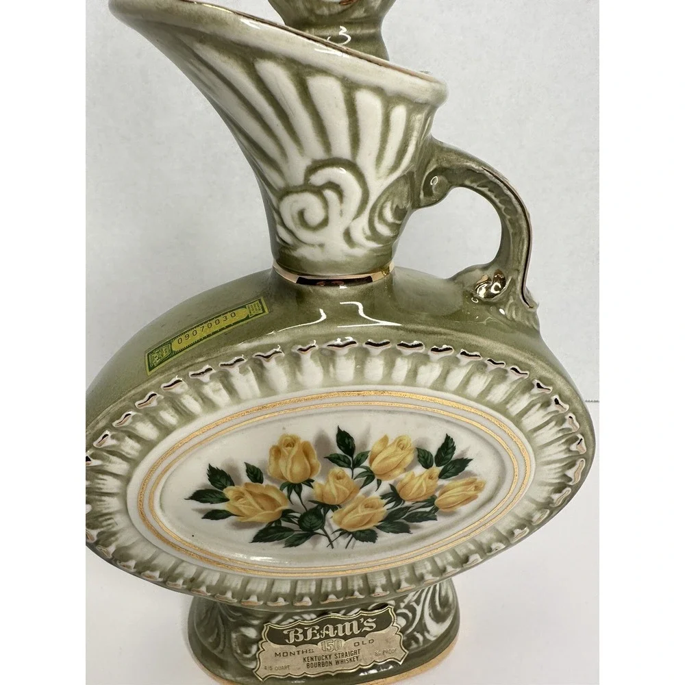 Jim Beam Decanter Pitcher Vintage Floral Yellow Rose Green Gold 4/5‎ Quart